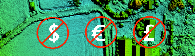 Image of elevation model data with dollar, euro and pound symbol crossed out