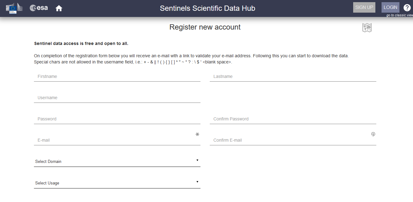 Automated registration for access to Sentinel data