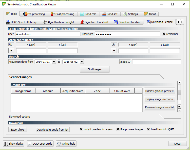 Semi-automatic classification plugin - download Sentinel